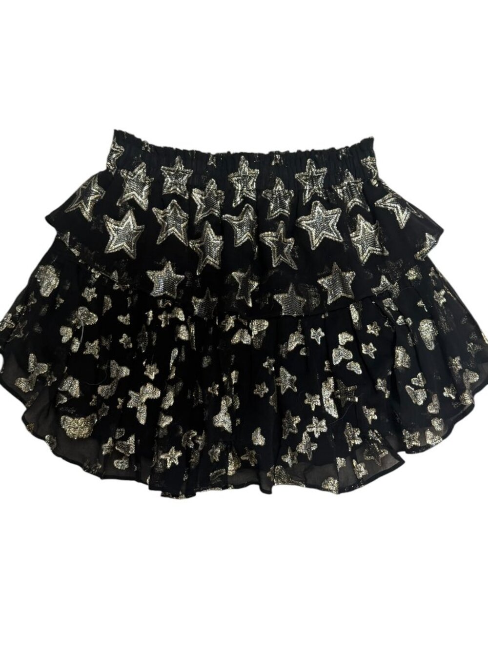 EUC LoveShackFancy Metallic Star Print Silk Tiered Mini Skirt Size P